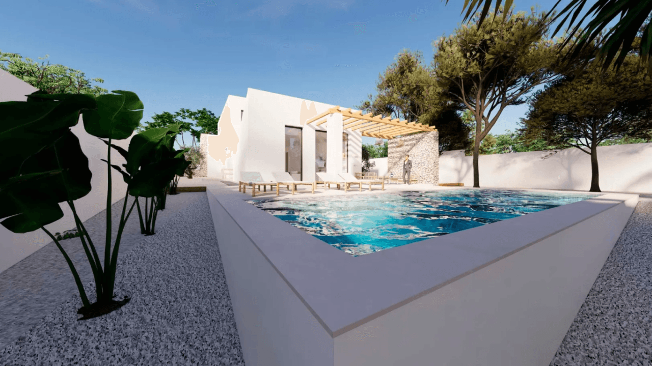 Proyecto de villa de estilo moderno-ibicenco andando al pueblo a la venta en Moraira